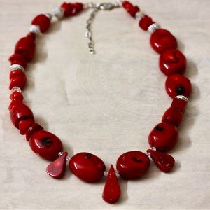 19" statement red necklace with precious stones handmade